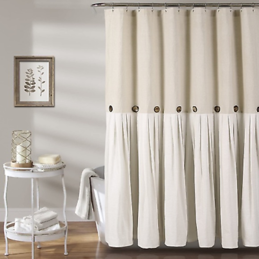Lush Decor Linen Button Farmhouse Shower Curtain Pleated Tone Design Bath New
